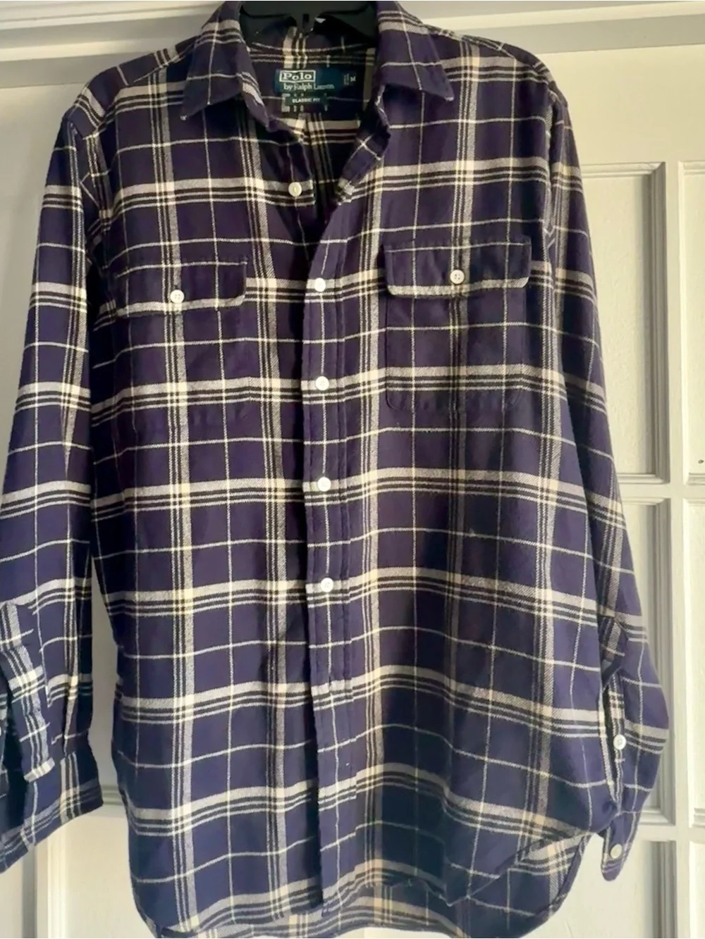 Polo Ralph Lauren Classic Fit Plaid Flannel Shirt Men’s Medium Navy White Cotton